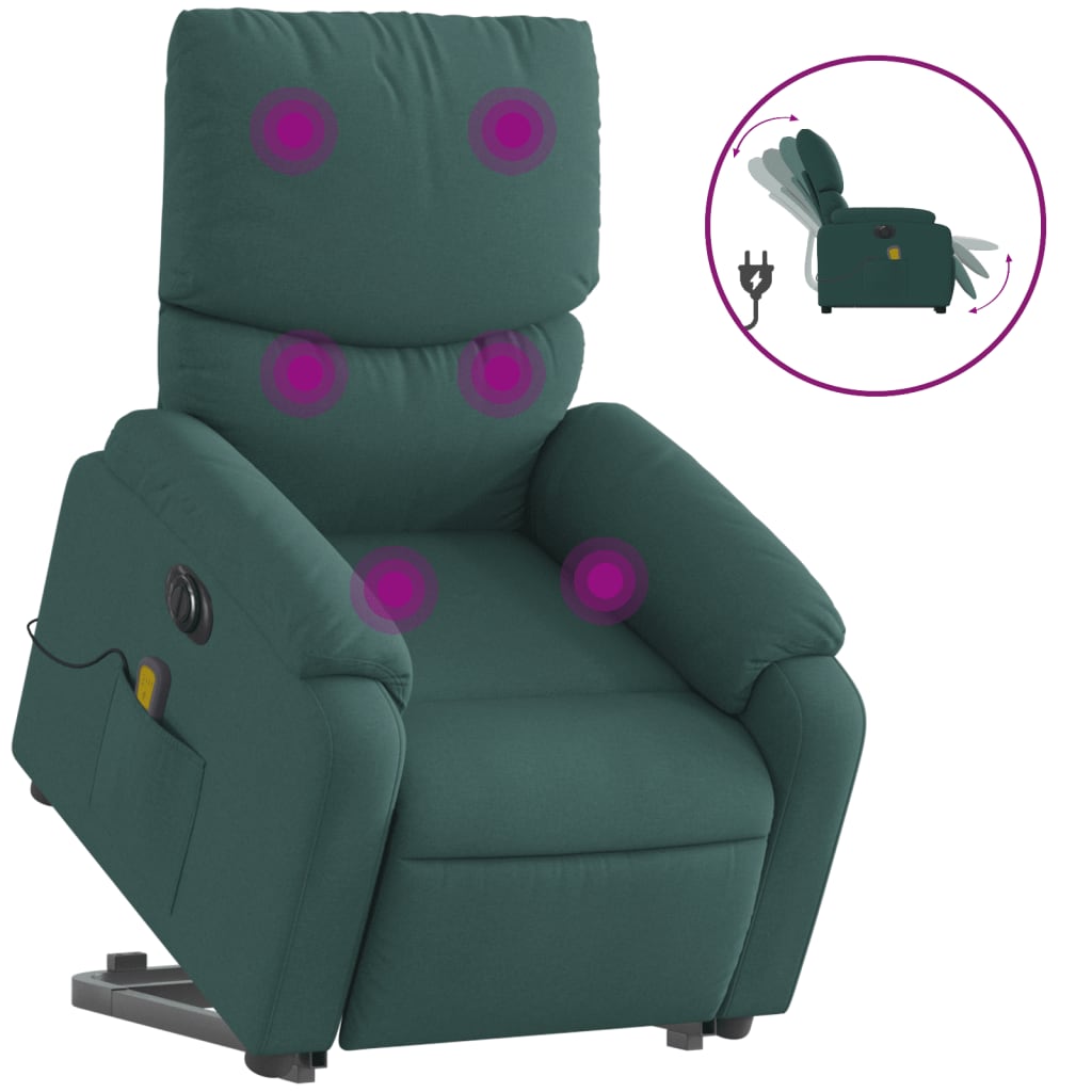 vidaXL Poltrona elétrica elevatória massagens tecido verde-escuro