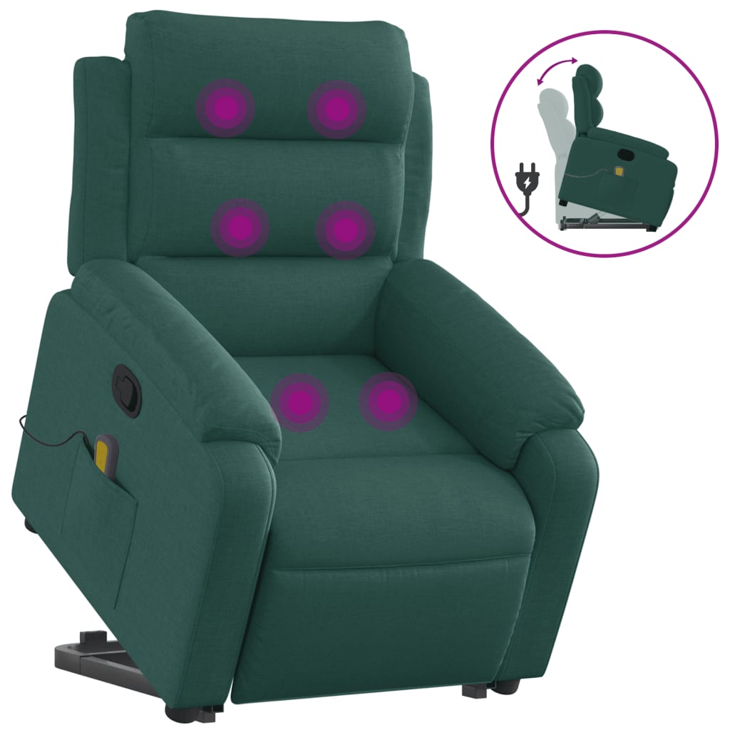 vidaXL Poltrona reclinável elevatória de massagens tecido verde-escuro