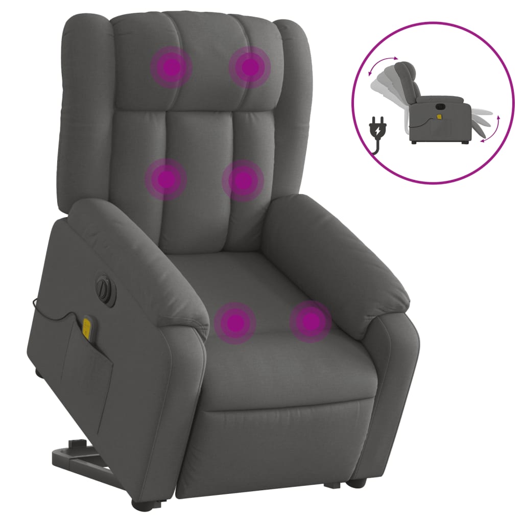 vidaXL Poltrona elétrica elevatória massagens tecido cinzento-escuro