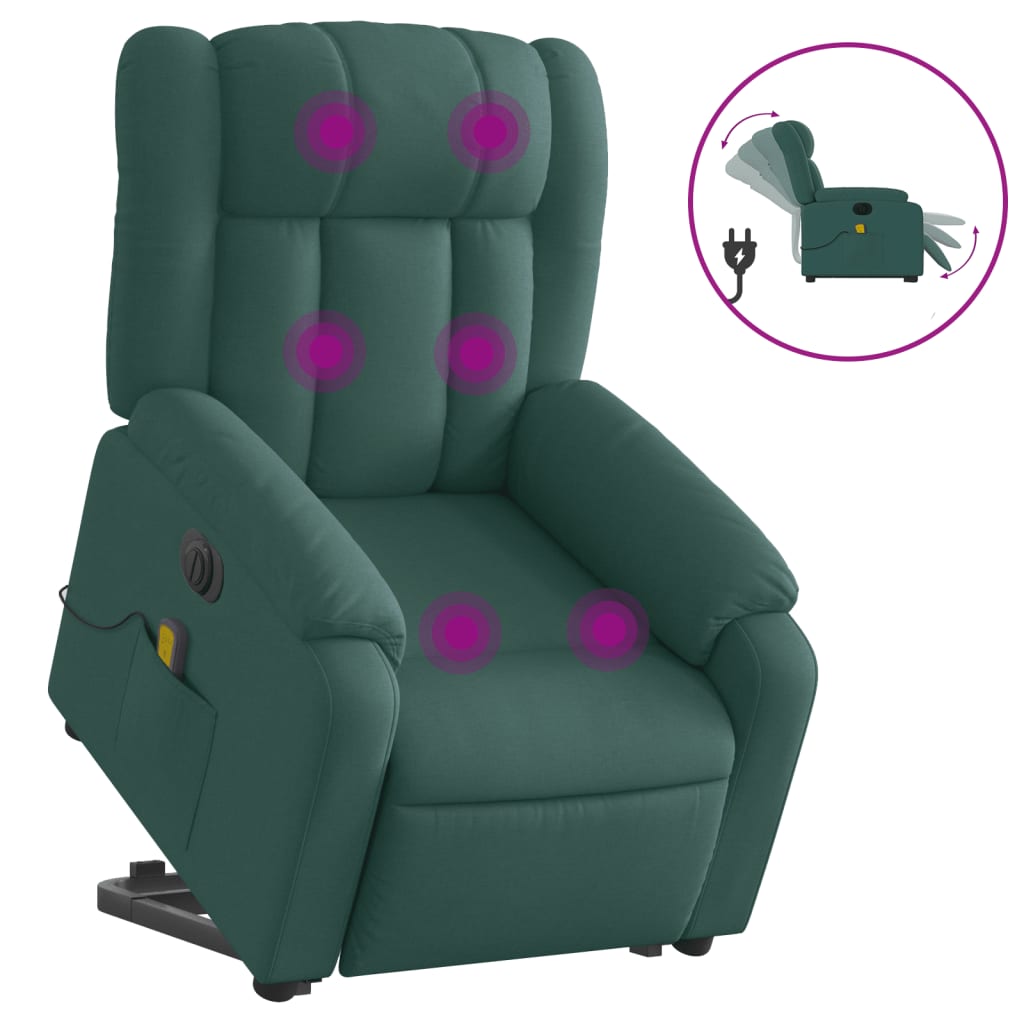 vidaXL Poltrona elétrica elevatória massagens tecido verde-escuro