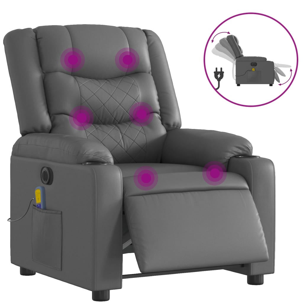 vidaXL Poltrona massagens reclinável elétrica couro artif. cinzento