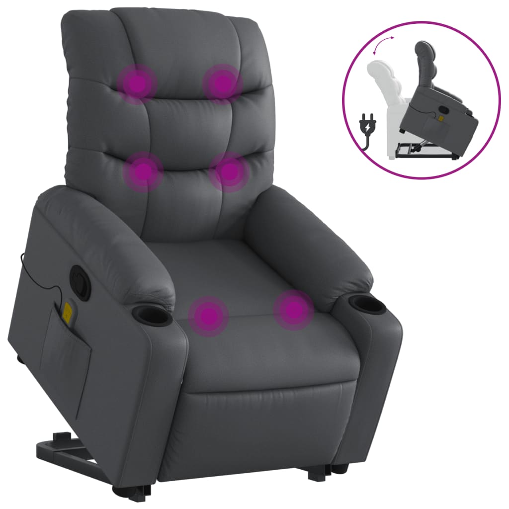 vidaXL Poltrona massagens reclinável elevatória couro artif. cinzento
