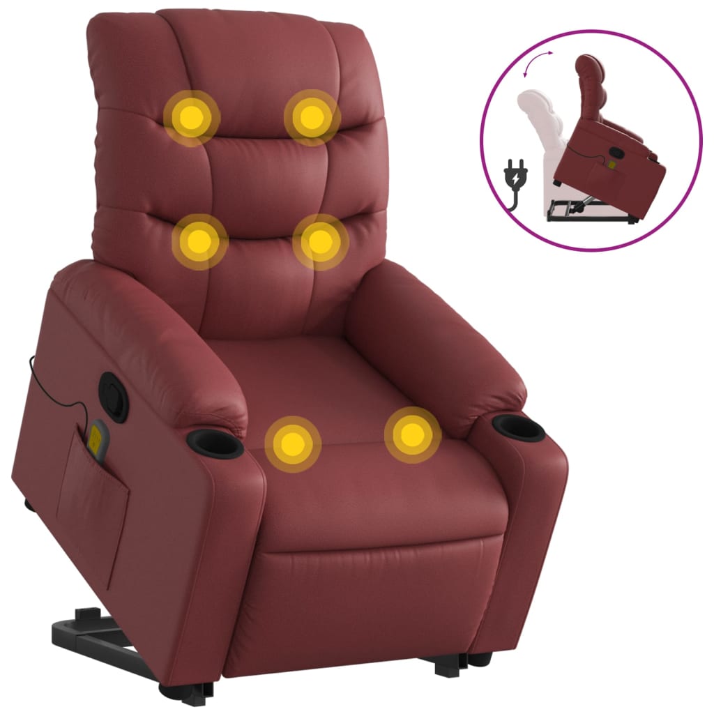 vidaXL Poltrona massagens reclinável couro artificial vermelho tinto