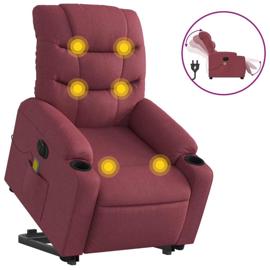 vidaXL Poltrona elevatória de massagens elétrica tecido vermelho tinto