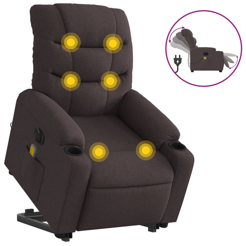 vidaXL Poltrona elétrica elevatória massagens tecido castanho-escuro