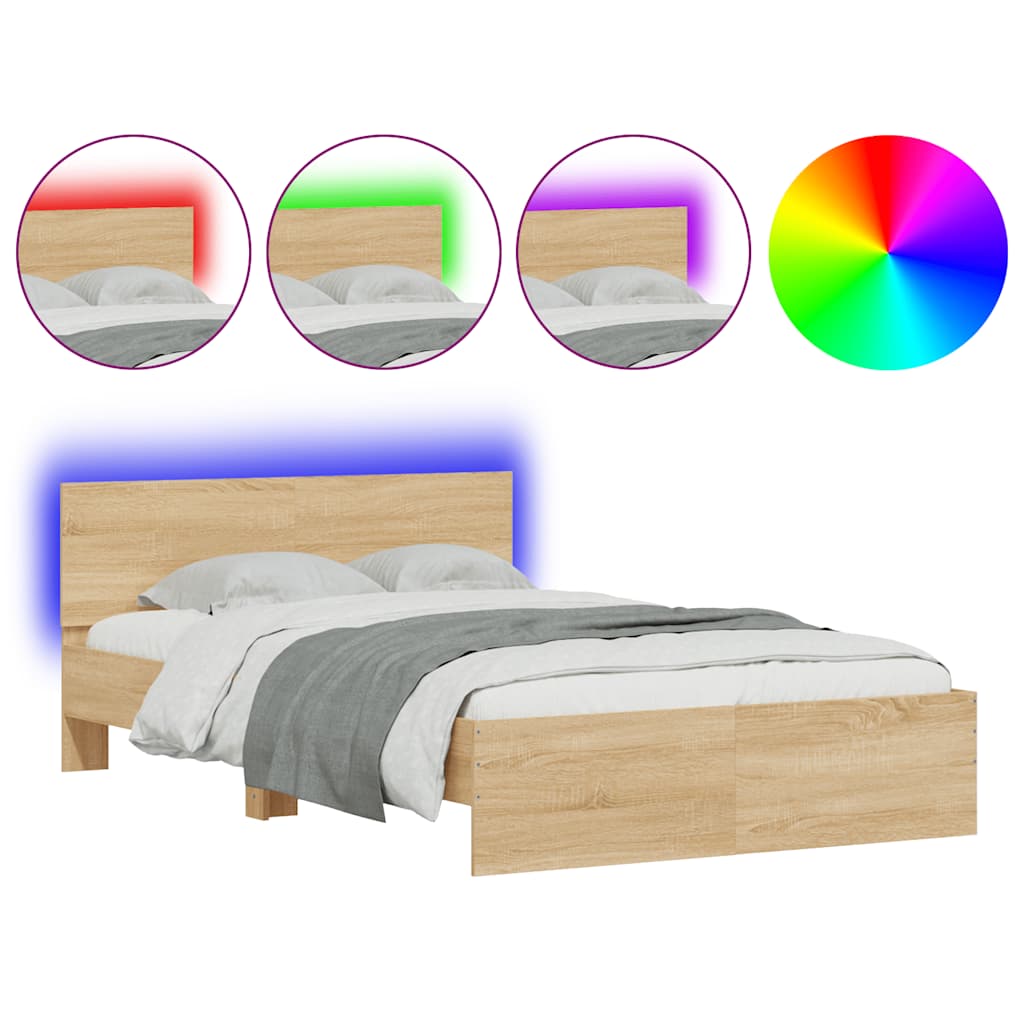 vidaXL Estrutura cama c/ cabeceira/luzes LED 135x190cm carvalho sonoma