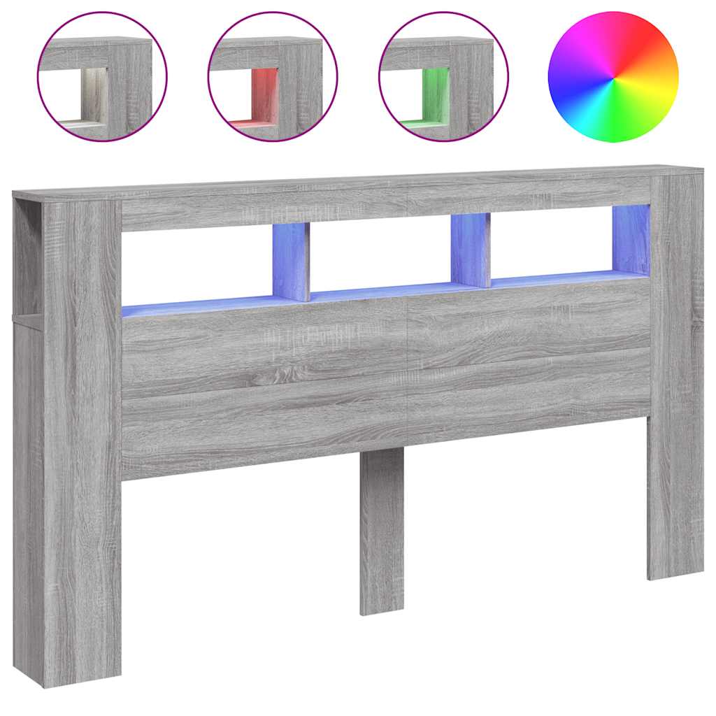 vidaXL Cabeceira c/ LEDs 180x18,5x103,5 cm sonoma cinzento
