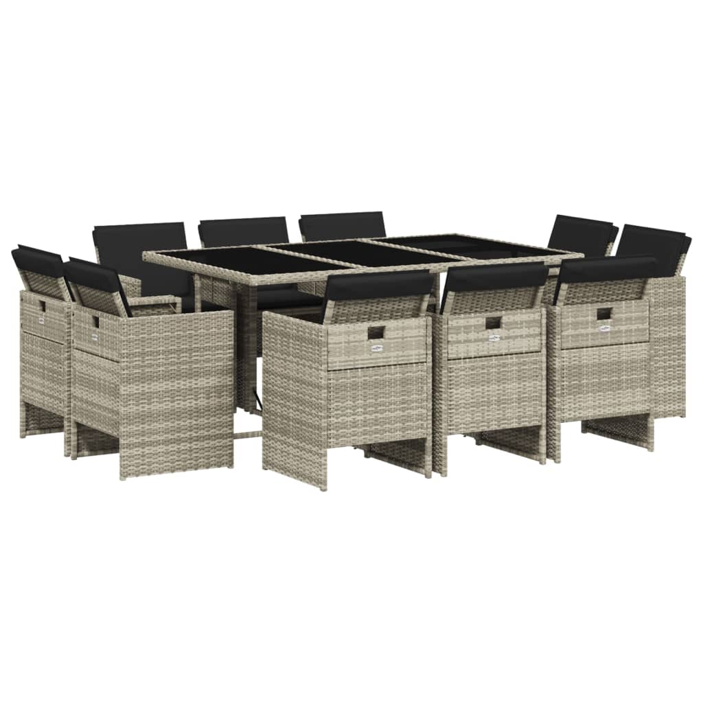 vidaXL 11 pcs conjunto jantar p/ jardim c/ almofadões vime PE cinzento