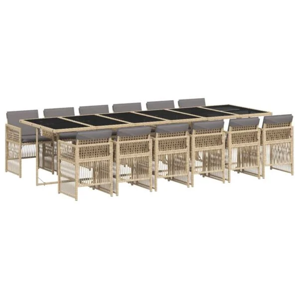 vidaXL 13 Peças Conjunto Jantar Jardim com Almofadões Vime Pe Bege Misturado - 1185507480