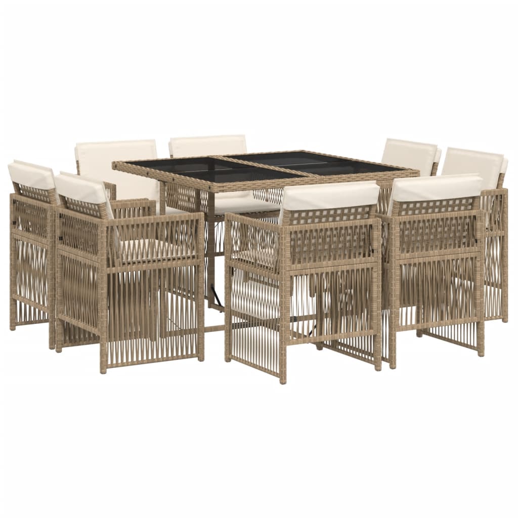 vidaXL 9 pcs conjunto de jantar p/ jardim com almofadões vime PE bege