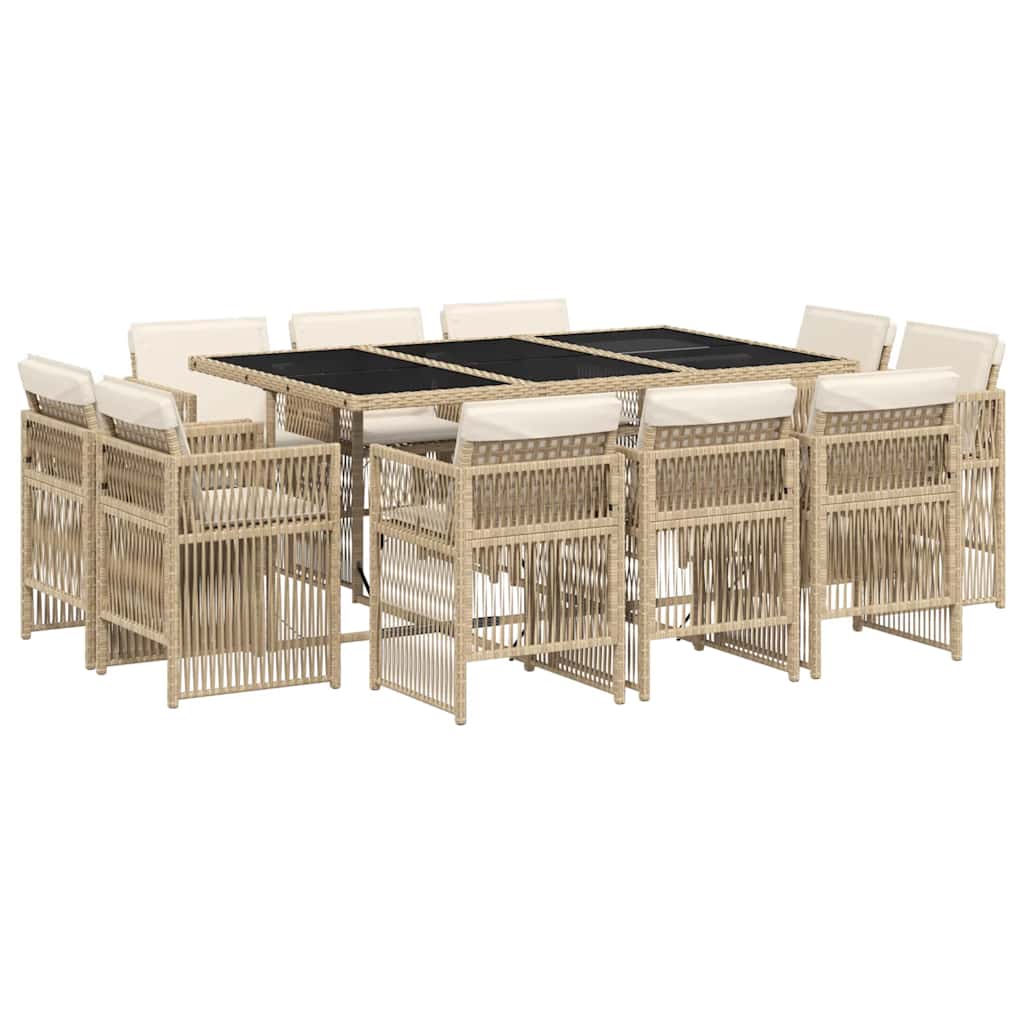 vidaXL 11 pcs conjunto de jantar p/ jardim com almofadões vime PE bege
