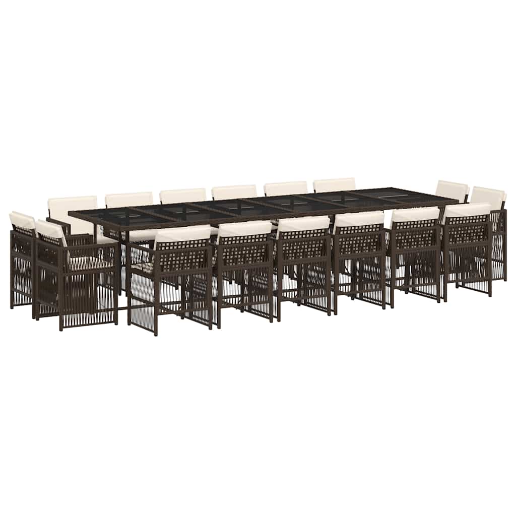 vidaXL 17 pcs conjunto jantar p/ jardim c/ almofadões vime PE castanho