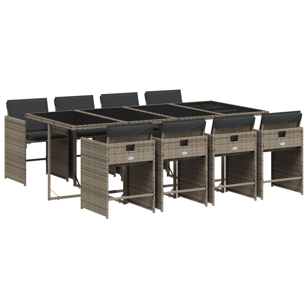 vidaXL 9 pcs conjunto de jantar p/ jardim c/ almofadões vime PE cinza