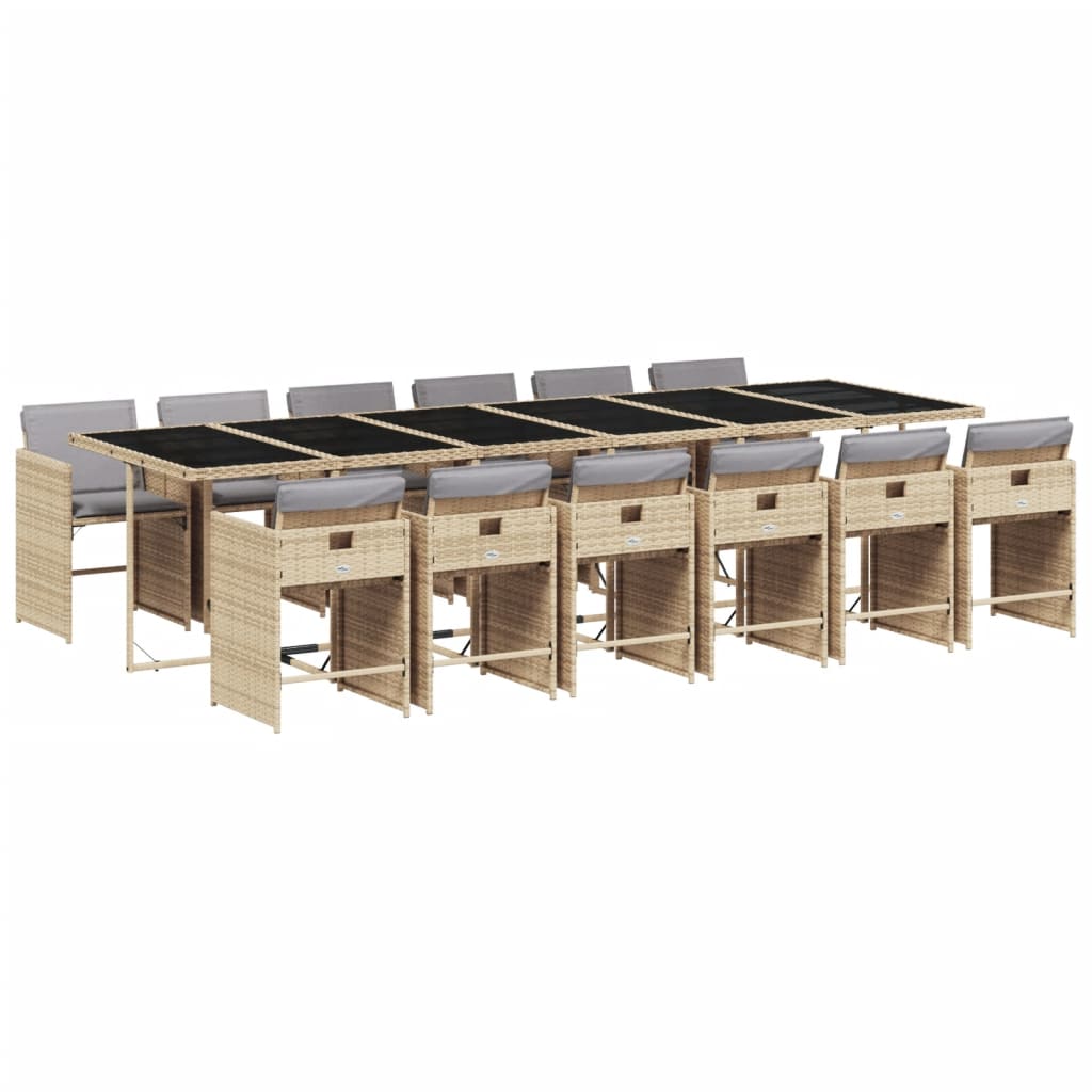 vidaXL 13 pcs conj. jantar jardim c/ almofadões vime PE bege misturado