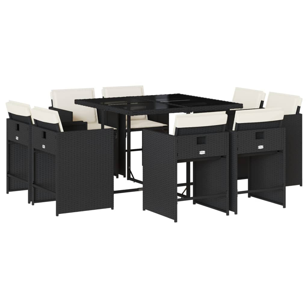 vidaXL 9 pcs conjunto de jantar p/ jardim c/ almofadões vime PE preto
