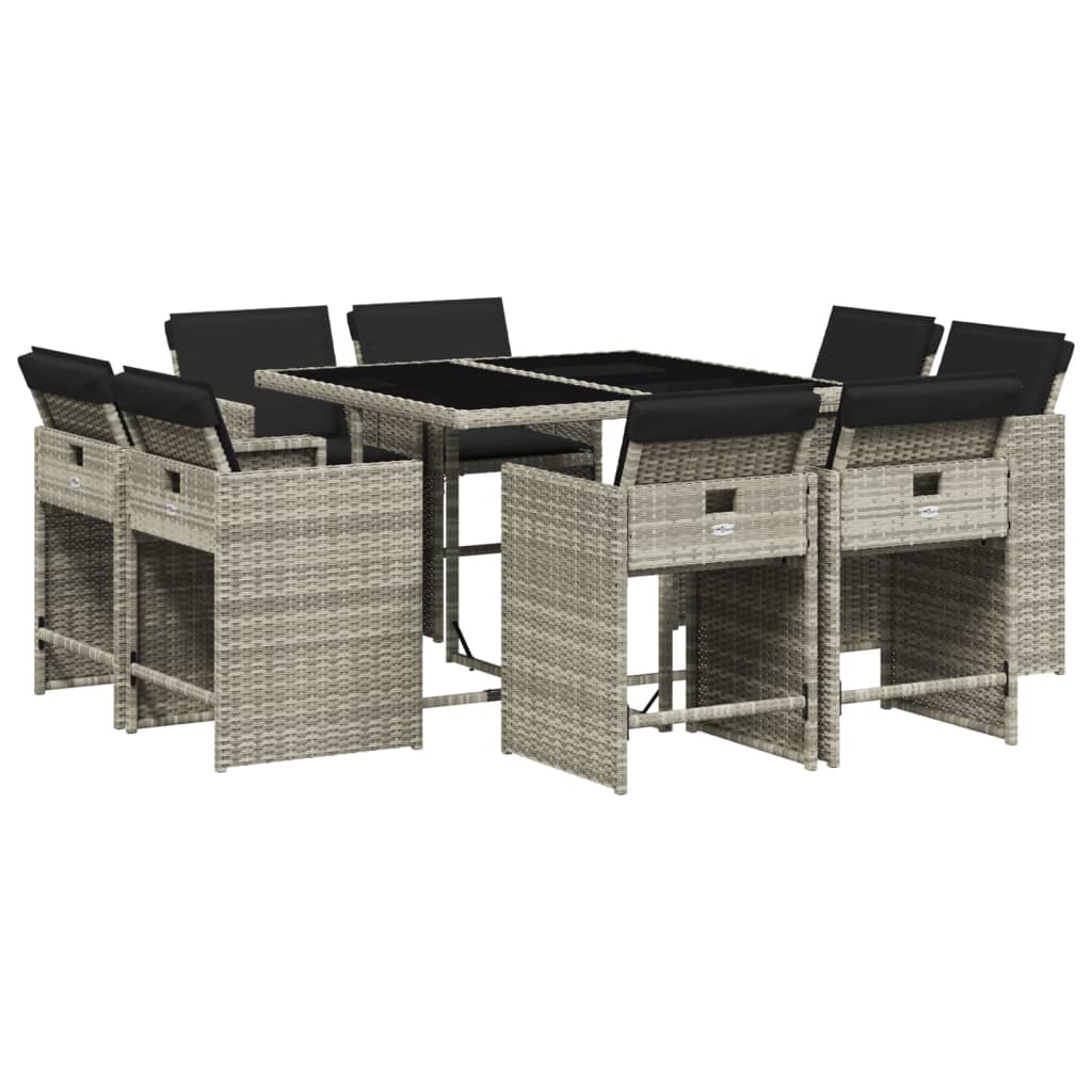 vidaXL 9 pcs conjunto de jantar p/ jardim c/ almofadões cinzento claro