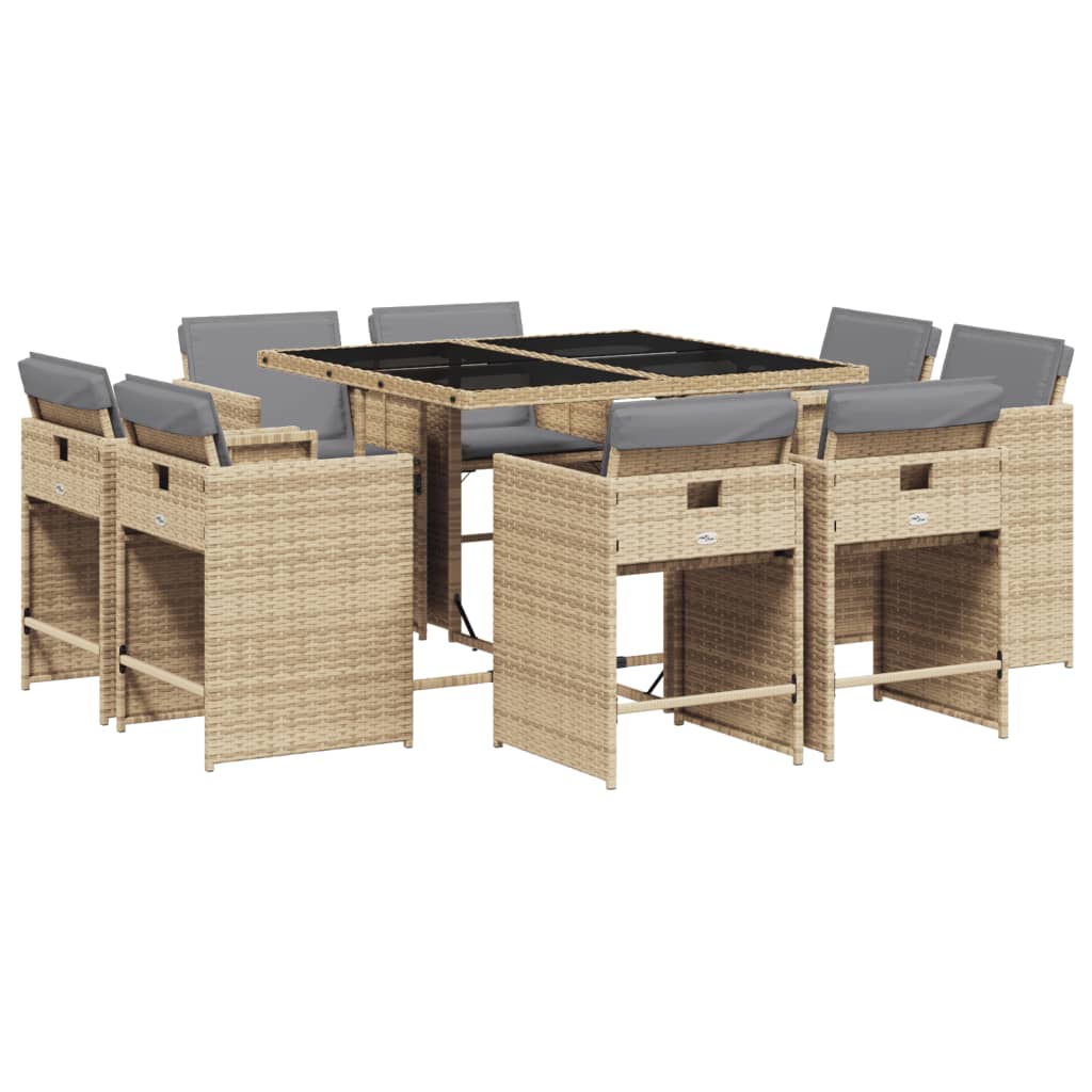 vidaXL 9 pcs conj. jantar jardim c/ almofadões vime PE bege misturado