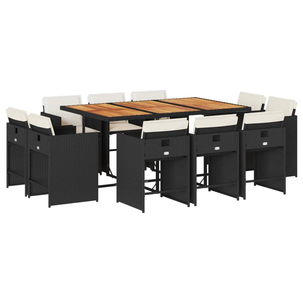 vidaXL 11 pcs conjunto de jantar p/ jardim c/ almofadões vime PE preto