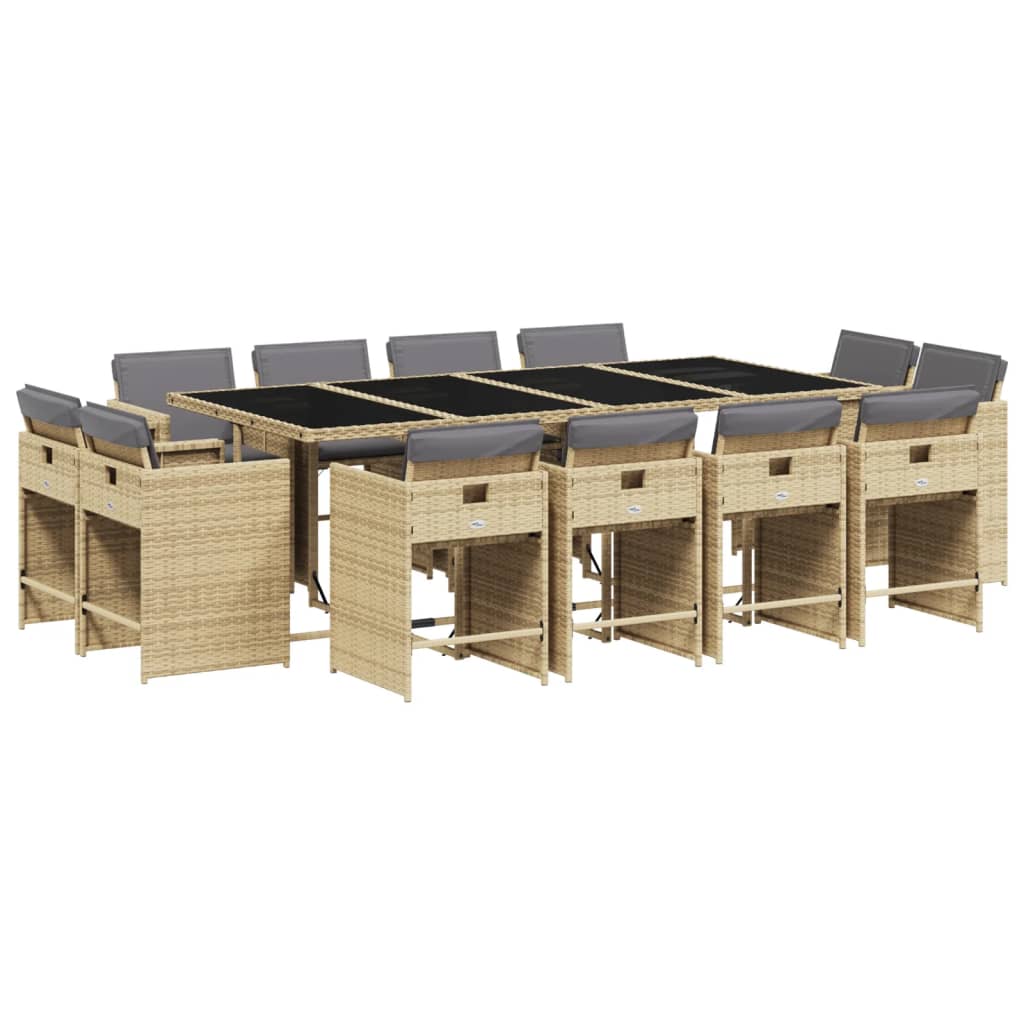 vidaXL 13 pcs conj. jantar jardim c/ almofadões vime PE bege misturado