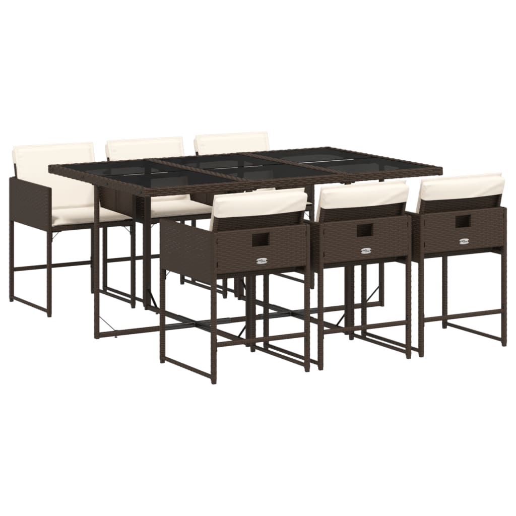 vidaXL 7 pcs conjunto jantar p/ jardim c/ almofadões vime PE castanho