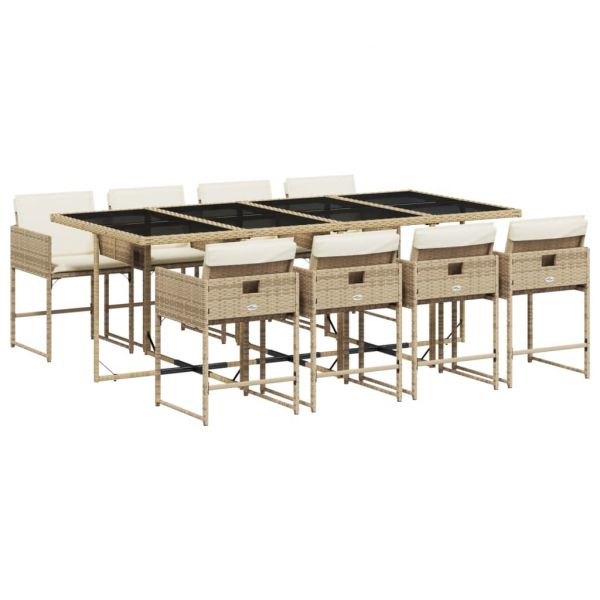 vidaXL 9 Peças Conjunto de Jantar para Jardim com Almofadões Vime Pe Bege - 3189786126