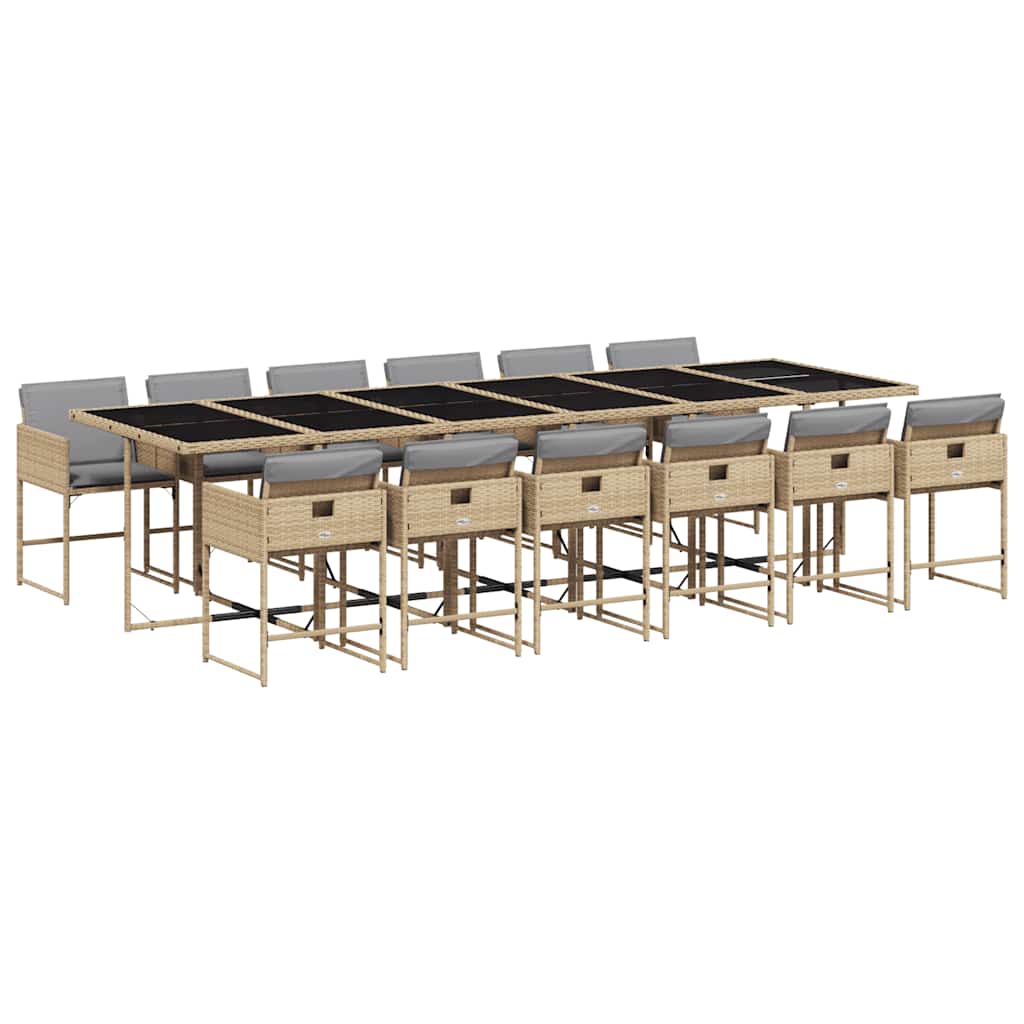 vidaXL 13 pcs conj. jantar jardim c/ almofadões vime PE bege misturado