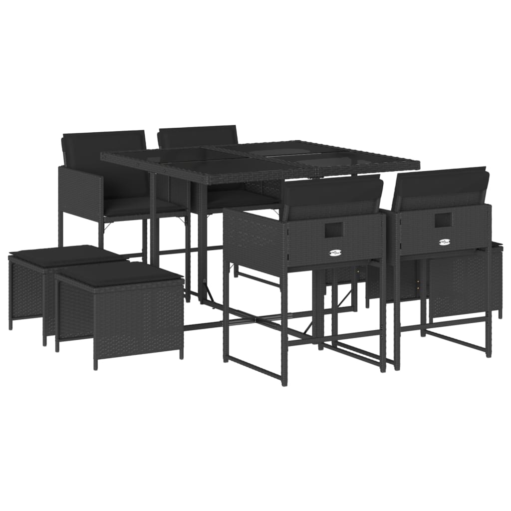 vidaXL 9 pcs conjunto de jantar p/ jardim c/ almofadões vime PE preto