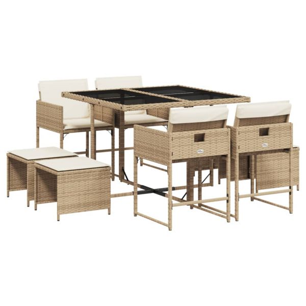 vidaXL 9 Peças Conjunto de Jantar para Jardim com Almofadões Vime Pe Bege - 2398453358