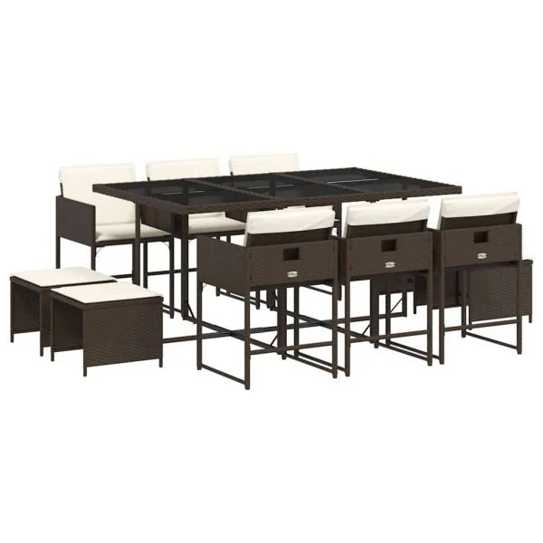 vidaXL 11 Peças Conjunto Jantar para Jardim com Almofadões Vime Pe Castanho - 3537837371