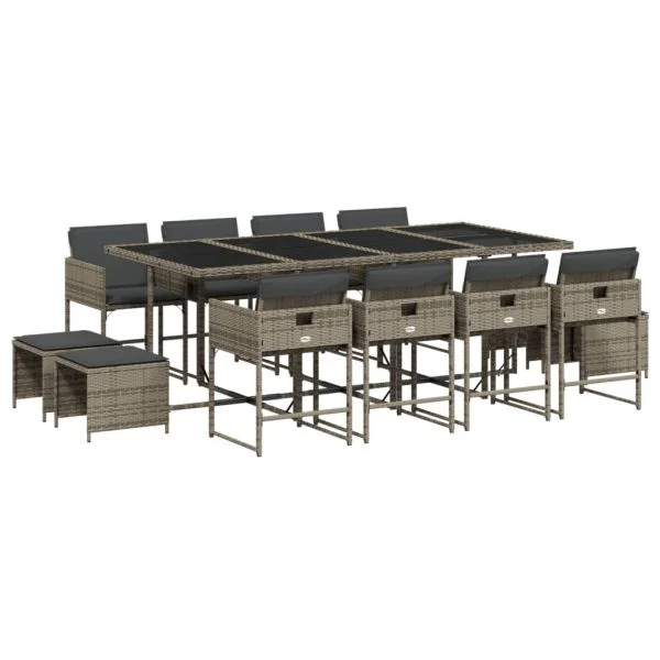 vidaXL 13 Peças Conjunto Jantar para Jardim com Almofadões Vime Pe Cinzento - 4250468889