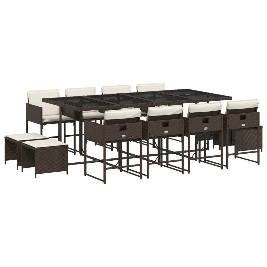 vidaXL 13 pcs conjunto jantar p/ jardim c/ almofadões vime PE castanho