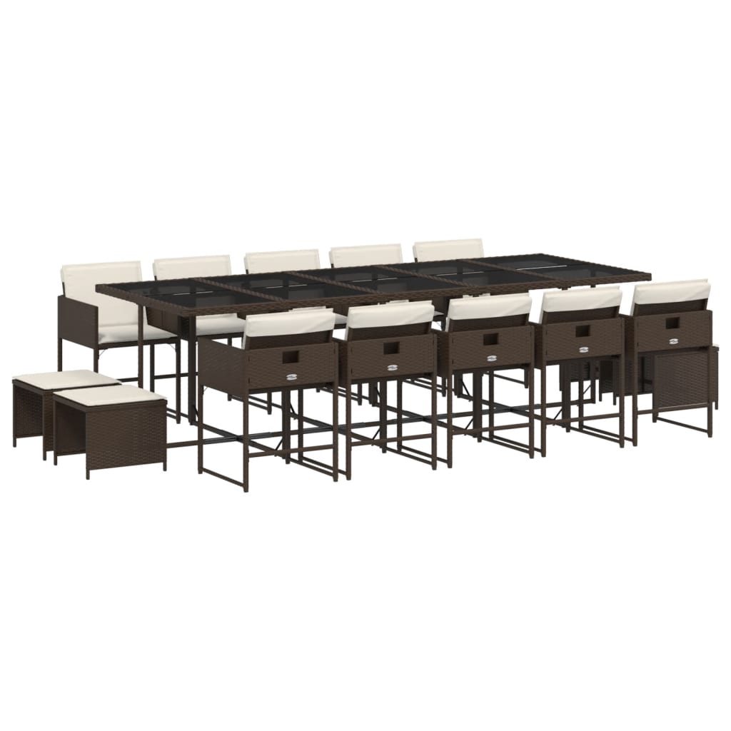 vidaXL 15 pcs conjunto jantar p/ jardim c/ almofadões vime PE castanho