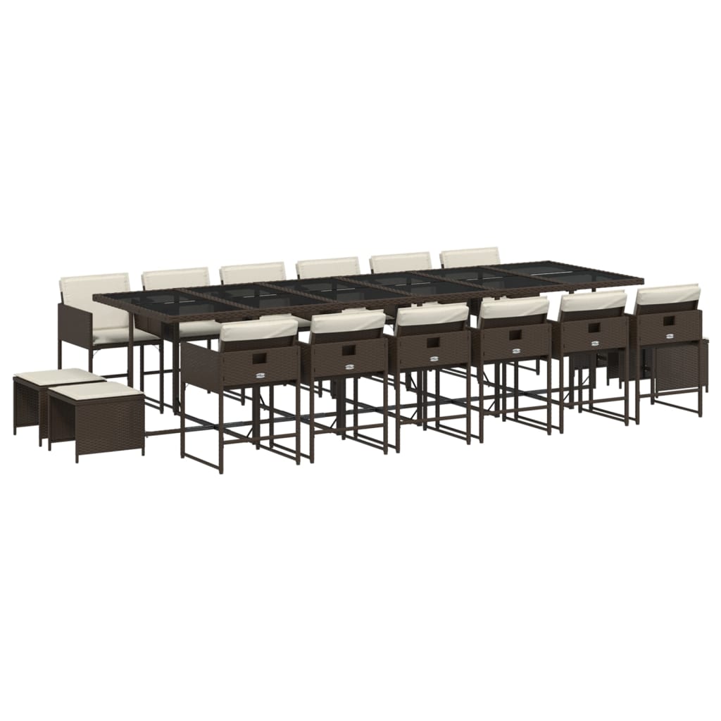 vidaXL 17 pcs conjunto jantar p/ jardim c/ almofadões vime PE castanho