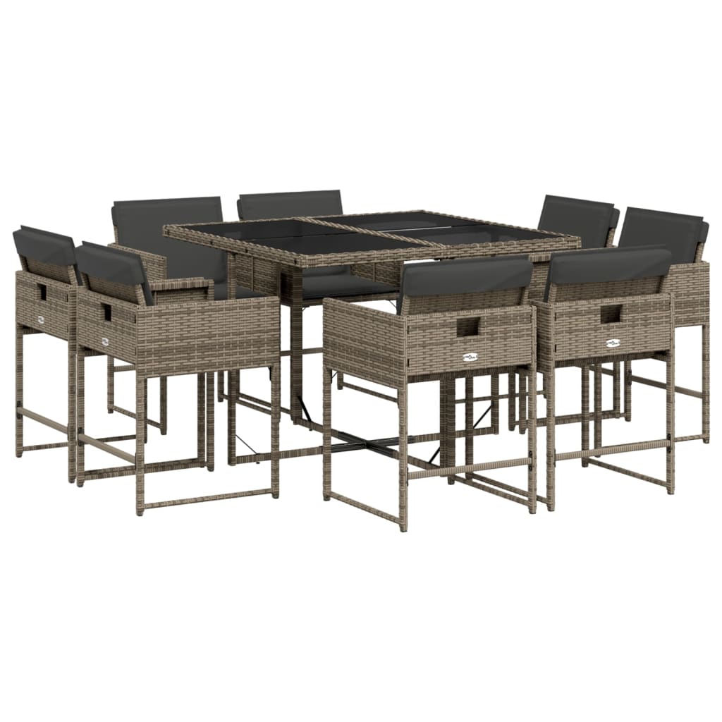 vidaXL 9 pcs conjunto de jantar p/ jardim c/ almofadões vime PE cinza