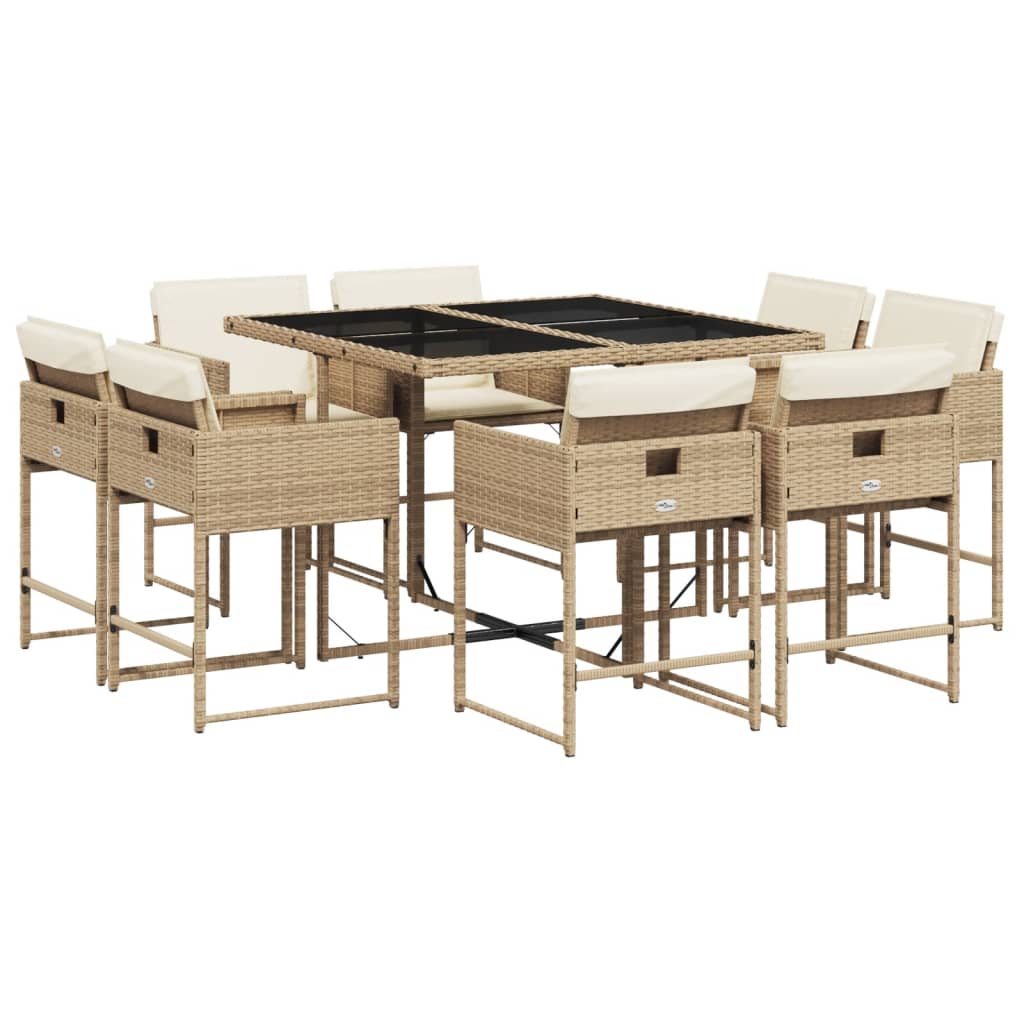 vidaXL 9 pcs conjunto de jantar p/ jardim com almofadões vime PE bege