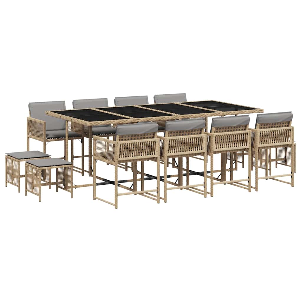 vidaXL 13 pcs conj. jantar jardim c/ almofadões vime PE bege misturado