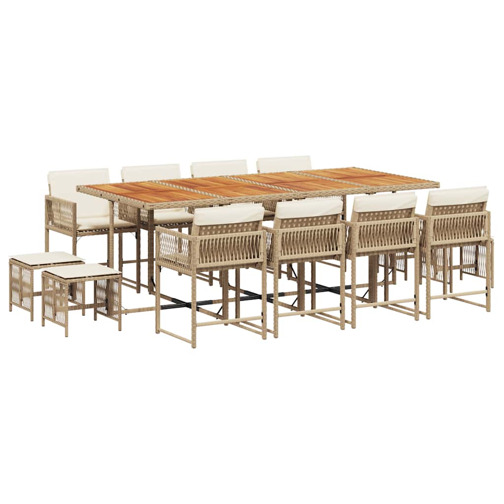 vidaXL 13 pcs conjunto de jantar p/ jardim com almofadões vime PE bege
