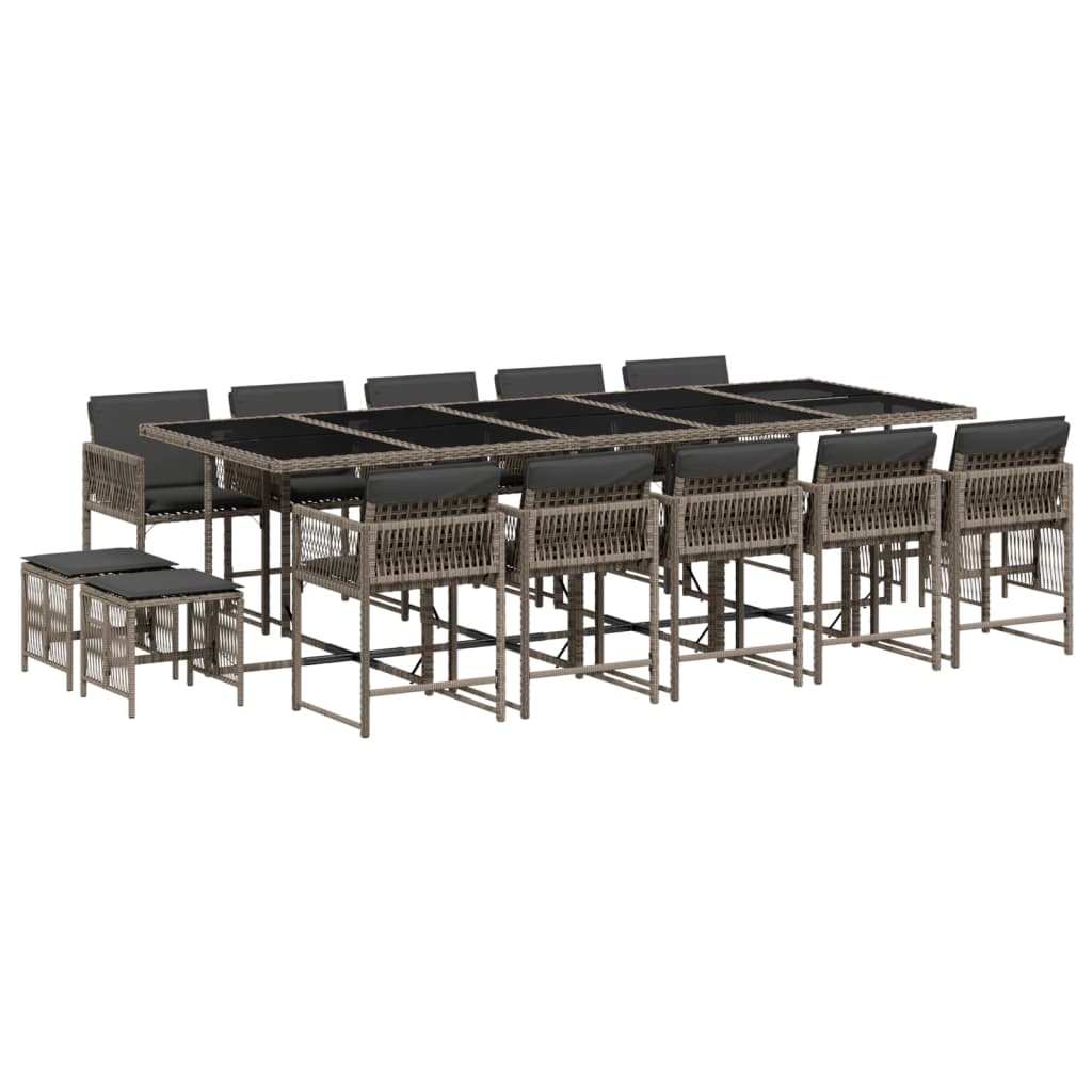 vidaXL 15 pcs conjunto jantar p/ jardim c/ almofadões vime PE cinzento