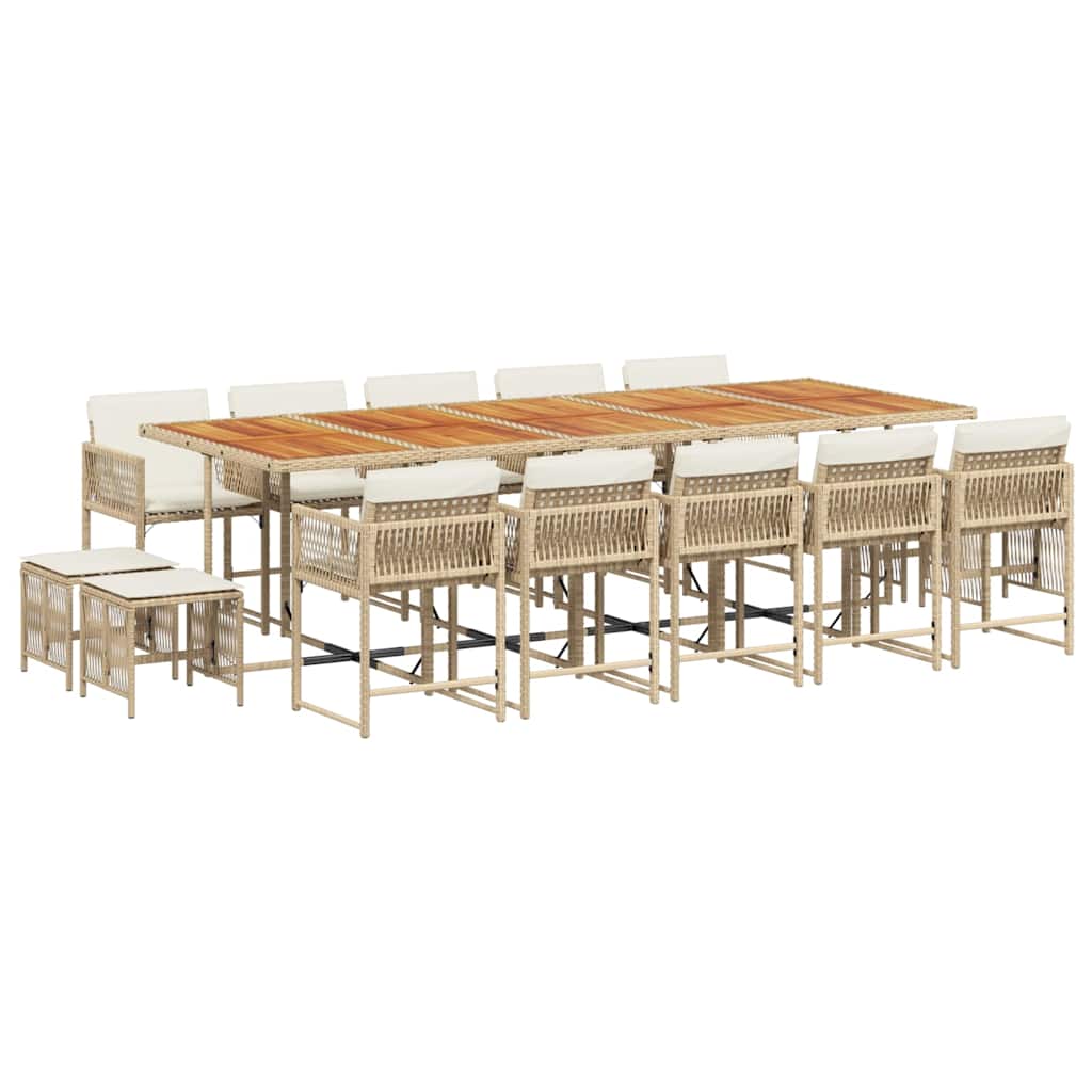 vidaXL 15 pcs conjunto de jantar p/ jardim com almofadões vime PE bege