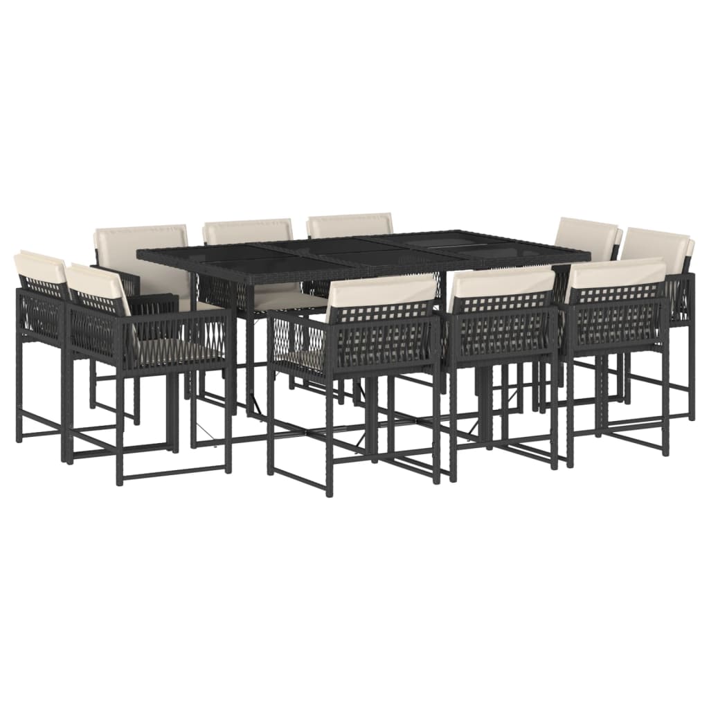 vidaXL 11 pcs conjunto de jantar p/ jardim c/ almofadões vime PE preto