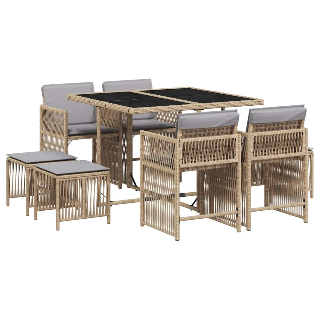 vidaXL 9 pcs conj. jantar jardim c/ almofadões vime PE bege misturado