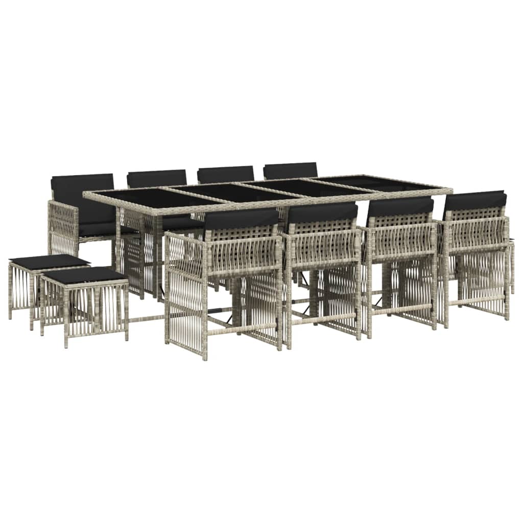 vidaXL 13 pcs conj. jantar jardim c/ almofadões vime PE cinzento-claro