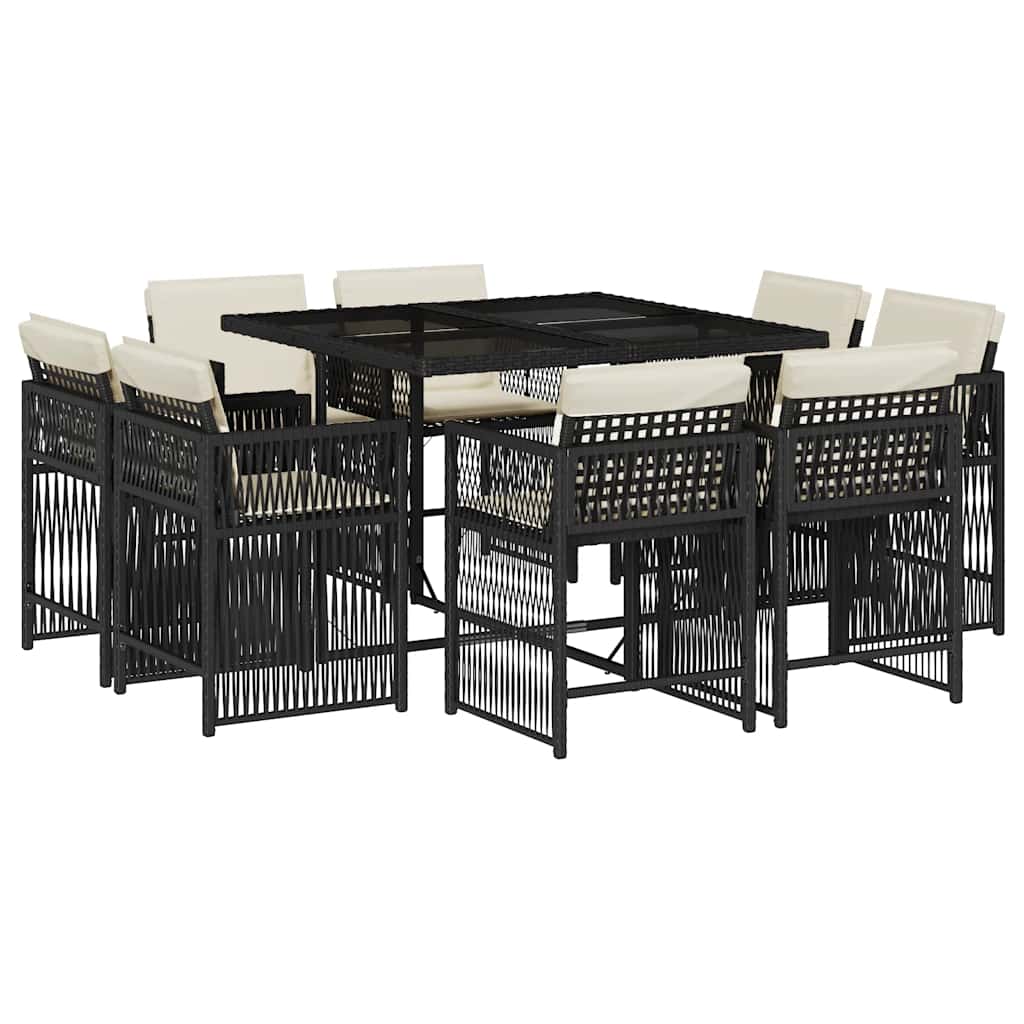 vidaXL 9 pcs conjunto de jantar p/ jardim c/ almofadões vime PE preto