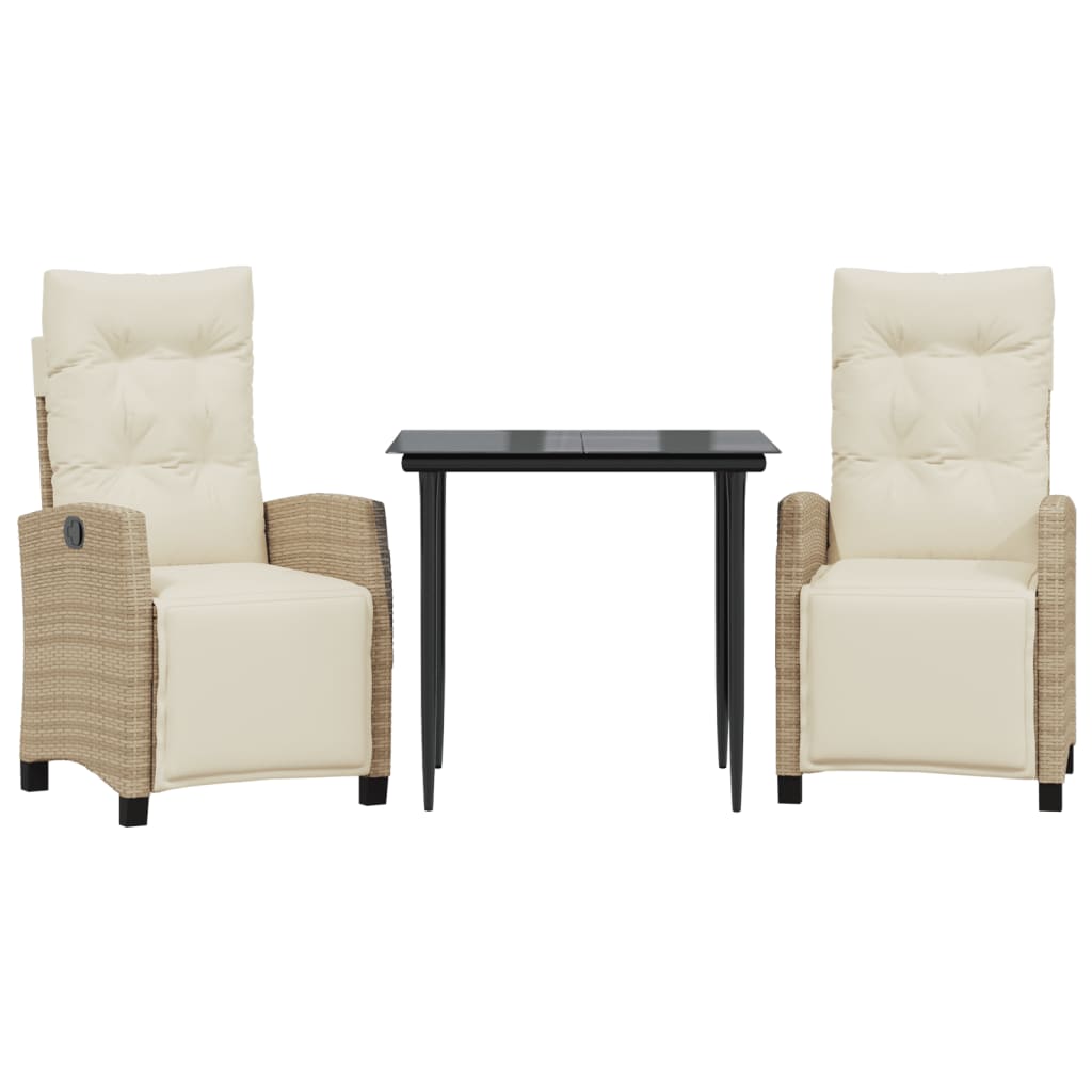 vidaXL 3 pcs conjunto de jantar p/ jardim com almofadões vime PE bege