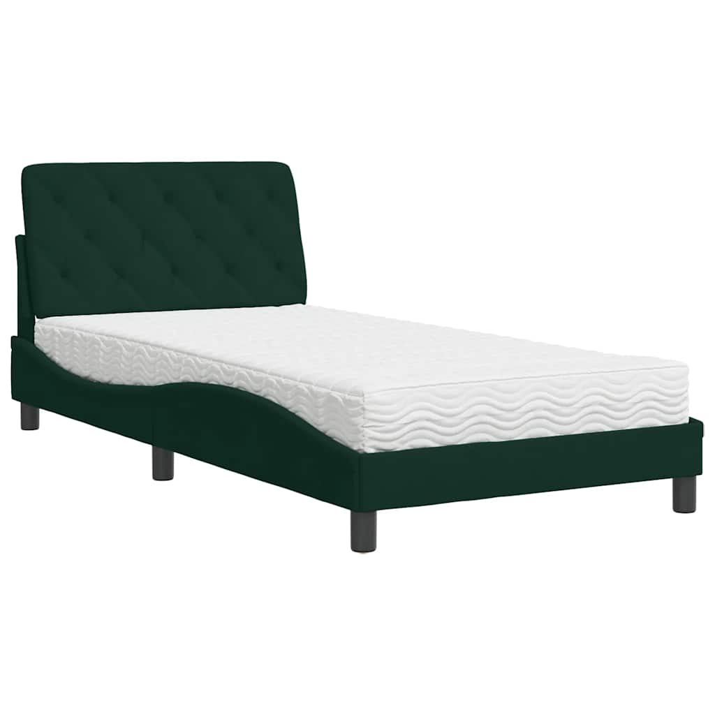 vidaXL Cama com colchão 100x200 cm veludo verde-escuro