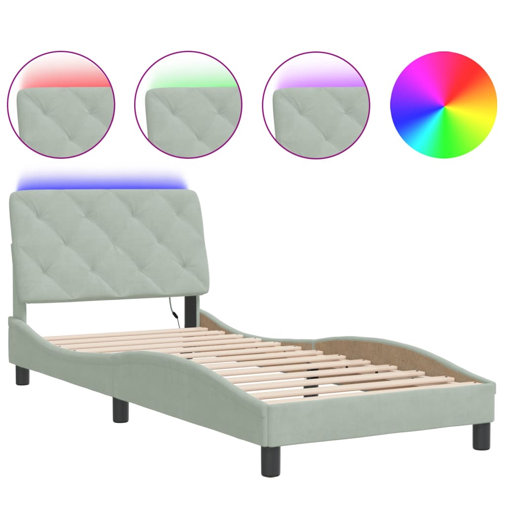 vidaXL Estrutura de cama com LED sem colchão 90x200 cm veludo cinzento-claro