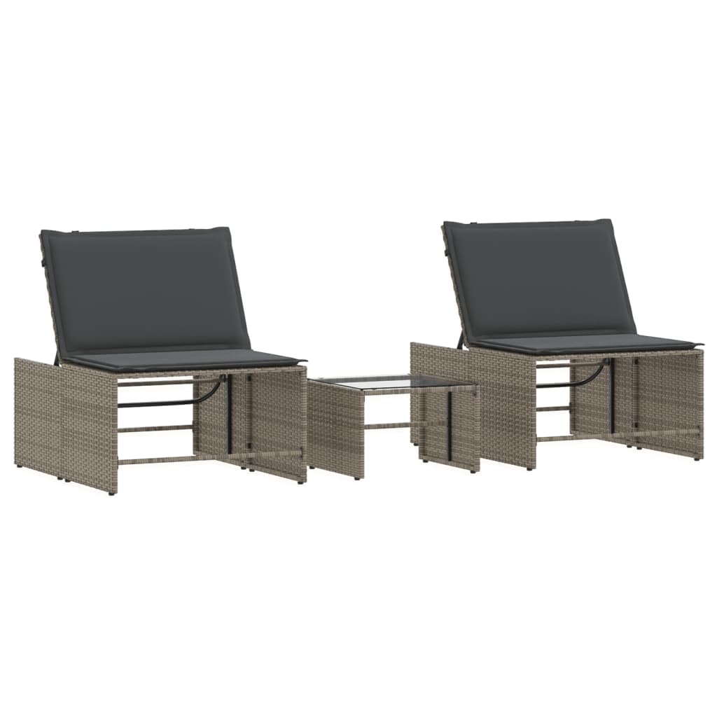 vidaXL Espreguiçadeiras modulares com mesa 2 pcs vime PE cinzento