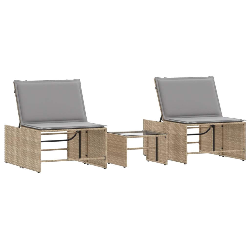 vidaXL Espreguiçadeiras modulares com mesa 2 pcs vime PE bege