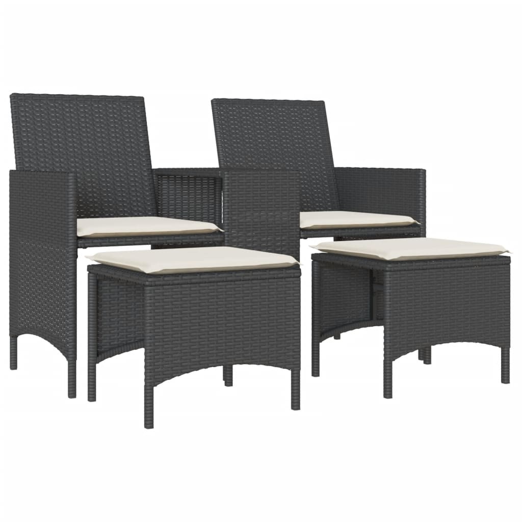 vidaXL Sofá de jardim de 2 lugares com mesa e bancos vime PE preto
