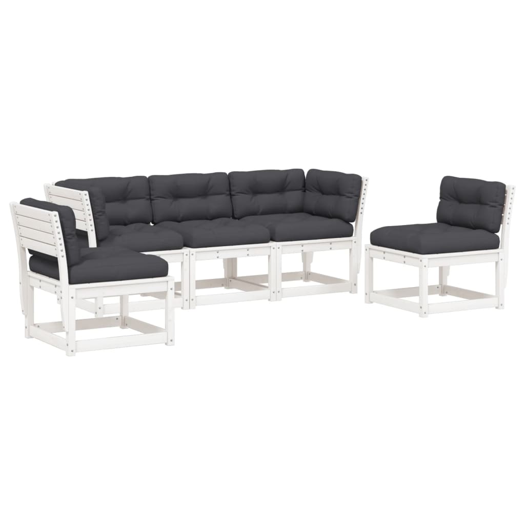 vidaXL 5 pcs conj. sofás de jardim c/ almofadões pinho maciço branco